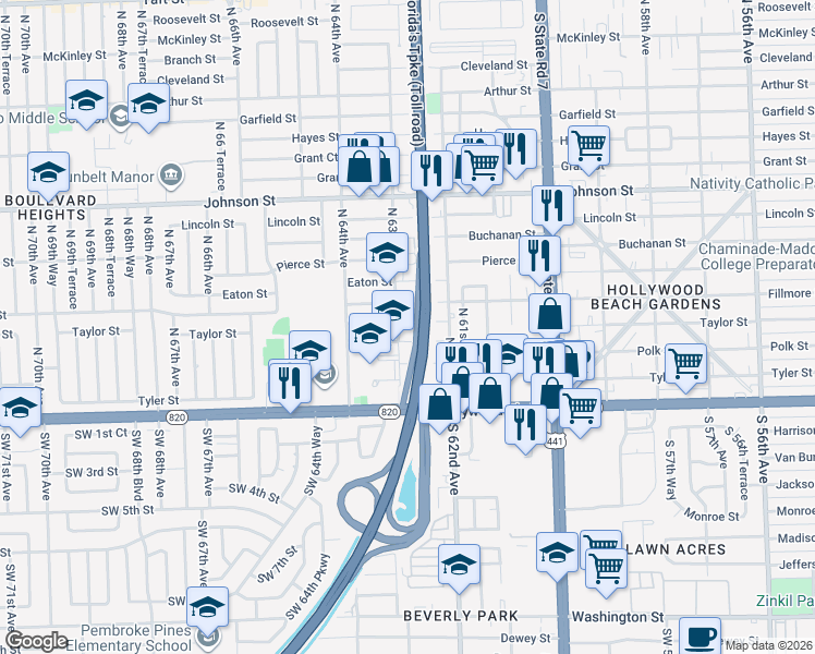 map of restaurants, bars, coffee shops, grocery stores, and more near 6300 Taylor Street in Hollywood