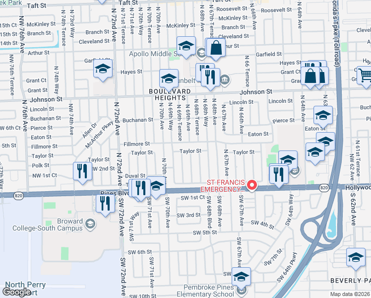 map of restaurants, bars, coffee shops, grocery stores, and more near 6921 Taylor Street in Hollywood