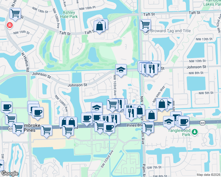 map of restaurants, bars, coffee shops, grocery stores, and more near 396 Northwest 103rd Terrace in Pembroke Pines