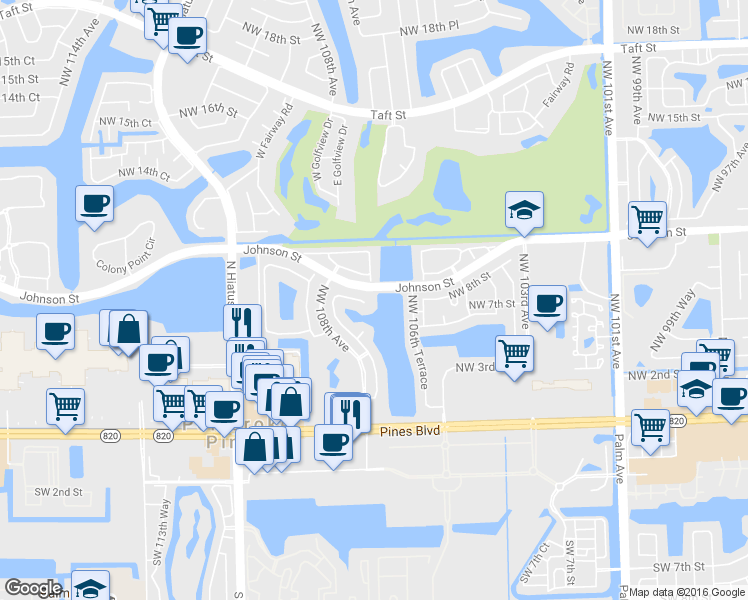 map of restaurants, bars, coffee shops, grocery stores, and more near 10639 Northwest 7th Street in Pembroke Pines