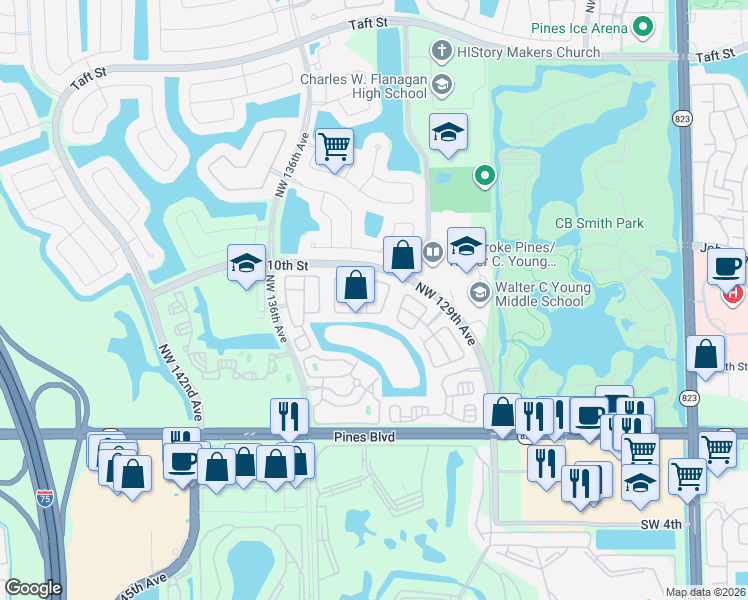 map of restaurants, bars, coffee shops, grocery stores, and more near 861 Northwest 130th Avenue in Pembroke Pines