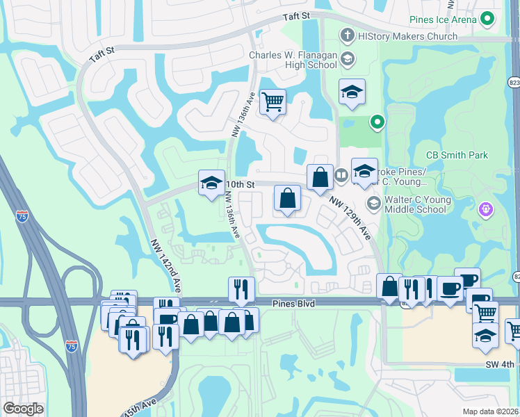 map of restaurants, bars, coffee shops, grocery stores, and more near 872 Northwest 134th Avenue in Pembroke Pines