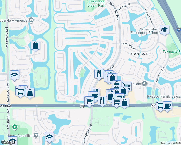 map of restaurants, bars, coffee shops, grocery stores, and more near 672 Northwest 162nd Avenue in Pembroke Pines