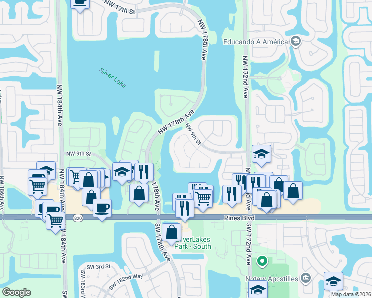 map of restaurants, bars, coffee shops, grocery stores, and more near 17525 Northwest 7th Court in Pembroke Pines