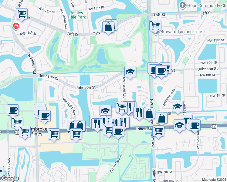map of restaurants, bars, coffee shops, grocery stores, and more near 10485 Northwest 7th Street in Pembroke Pines
