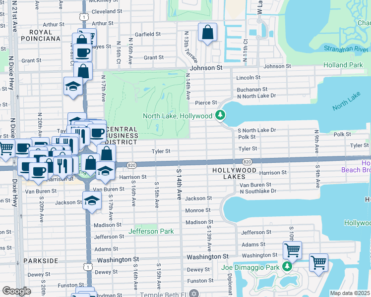 map of restaurants, bars, coffee shops, grocery stores, and more near 1345 Tyler Street in Hollywood