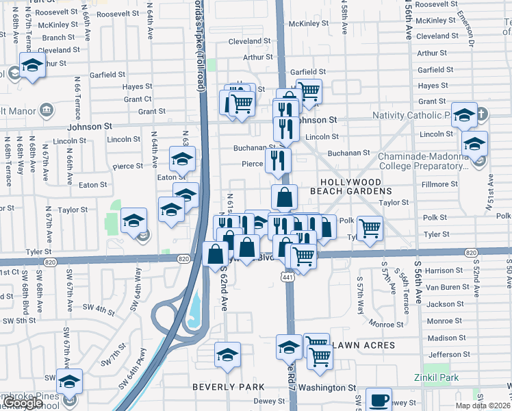map of restaurants, bars, coffee shops, grocery stores, and more near 404 Northwest 60th Way in Hollywood