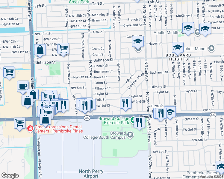 map of restaurants, bars, coffee shops, grocery stores, and more near 7450 Fillmore Street in Hollywood