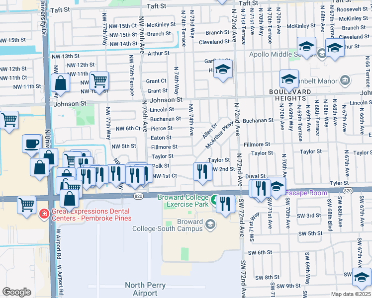 map of restaurants, bars, coffee shops, grocery stores, and more near 7420 Fillmore Street in Hollywood