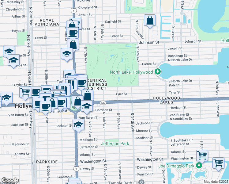 map of restaurants, bars, coffee shops, grocery stores, and more near 1509 Tyler Street in Hollywood