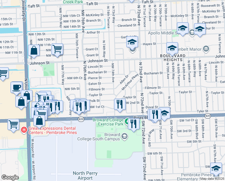 map of restaurants, bars, coffee shops, grocery stores, and more near 7420 Fillmore Street in Hollywood