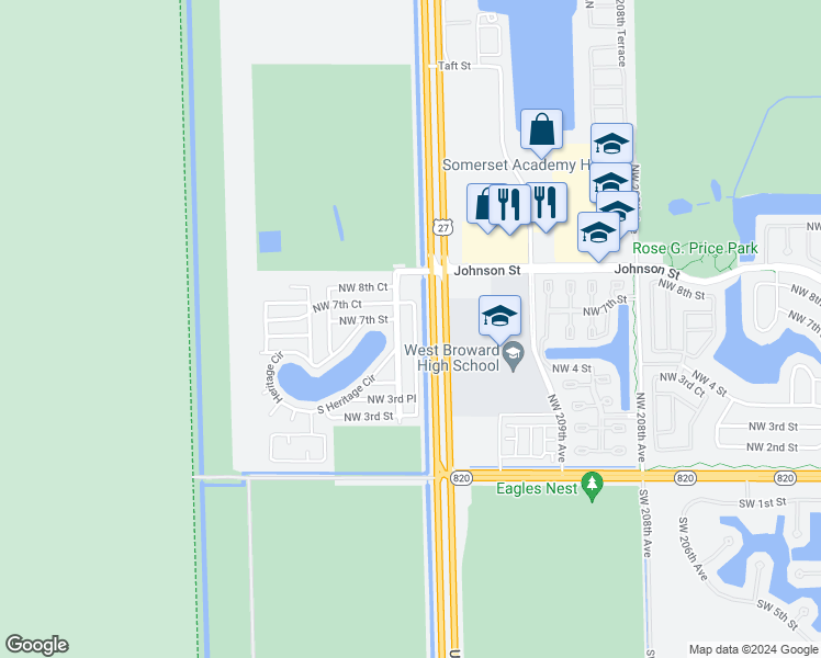 map of restaurants, bars, coffee shops, grocery stores, and more near 650 Northwest 214th Avenue in Pembroke Pines