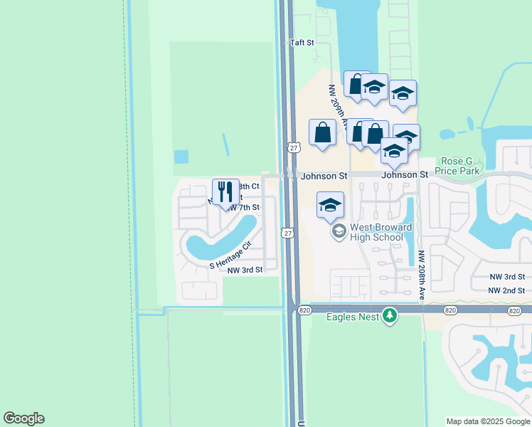 map of restaurants, bars, coffee shops, grocery stores, and more near 651 Johnson Street in Pembroke Pines