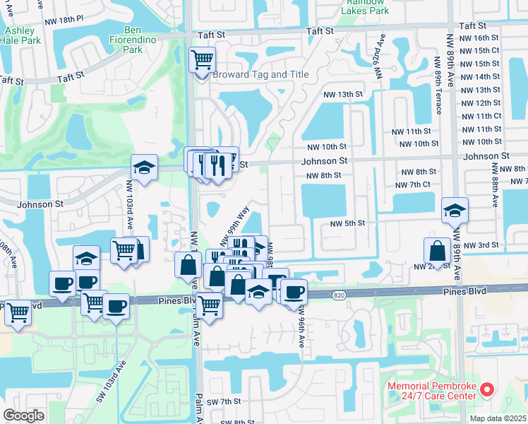 map of restaurants, bars, coffee shops, grocery stores, and more near 530 Northwest 98th Avenue in Pembroke Pines