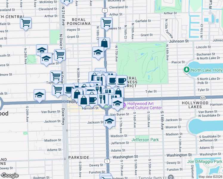 map of restaurants, bars, coffee shops, grocery stores, and more near 1776 Polk Street in Hollywood