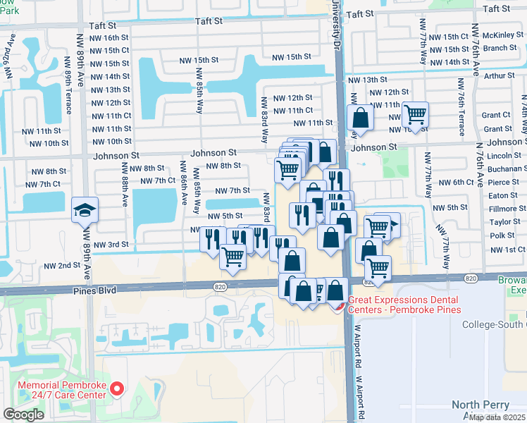 map of restaurants, bars, coffee shops, grocery stores, and more near 8341 Northwest 5th Street in Pembroke Pines