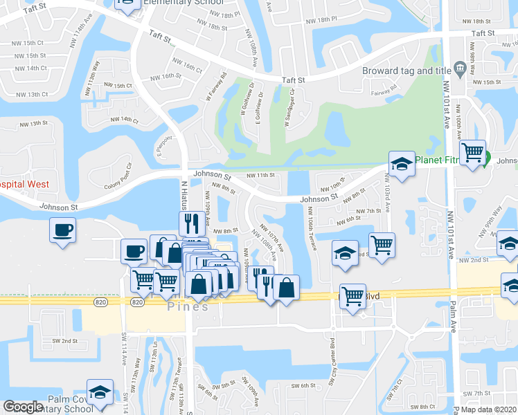 map of restaurants, bars, coffee shops, grocery stores, and more near 10698 Northwest 107th Avenue in Pembroke Pines