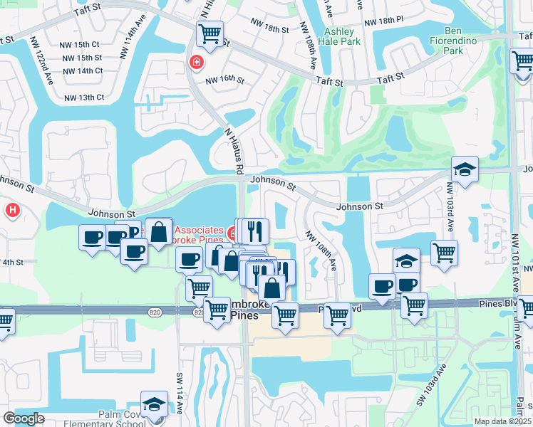 map of restaurants, bars, coffee shops, grocery stores, and more near 393 Northwest 108th Terrace in Pembroke Pines