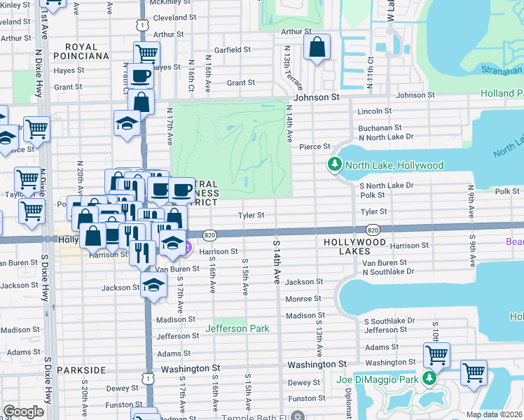 map of restaurants, bars, coffee shops, grocery stores, and more near 1421 Tyler Street in Hollywood