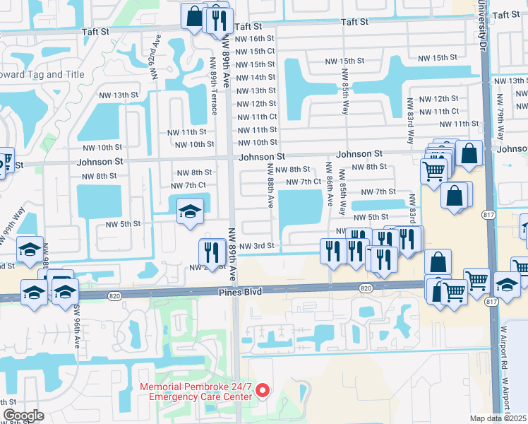 map of restaurants, bars, coffee shops, grocery stores, and more near 8810 Northwest 6th Street in Pembroke Pines