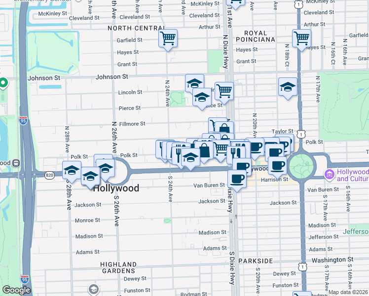 map of restaurants, bars, coffee shops, grocery stores, and more near 2235 Polk Street in Hollywood