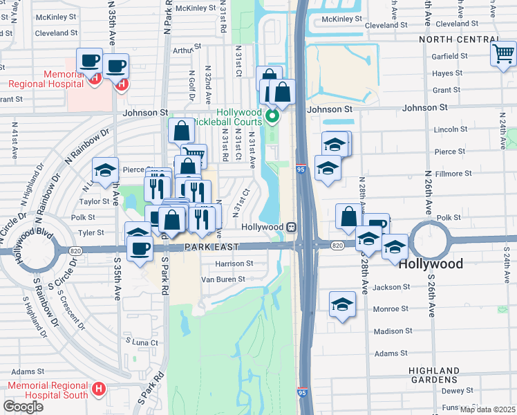 map of restaurants, bars, coffee shops, grocery stores, and more near 202 North 31st Avenue in Hollywood