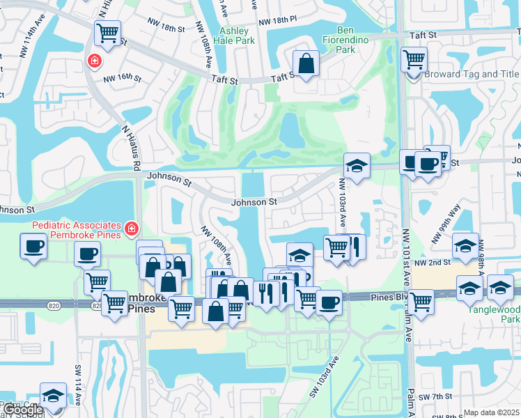 map of restaurants, bars, coffee shops, grocery stores, and more near 830 Northwest 106th Terrace in Pembroke Pines