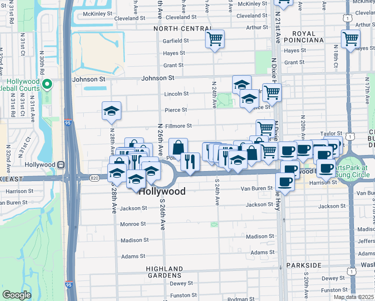 map of restaurants, bars, coffee shops, grocery stores, and more near 2461 Polk Street in Hollywood