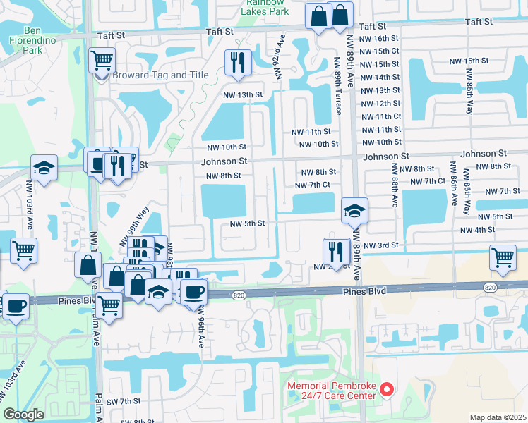 map of restaurants, bars, coffee shops, grocery stores, and more near 520 Northwest 93rd Avenue in Pembroke Pines