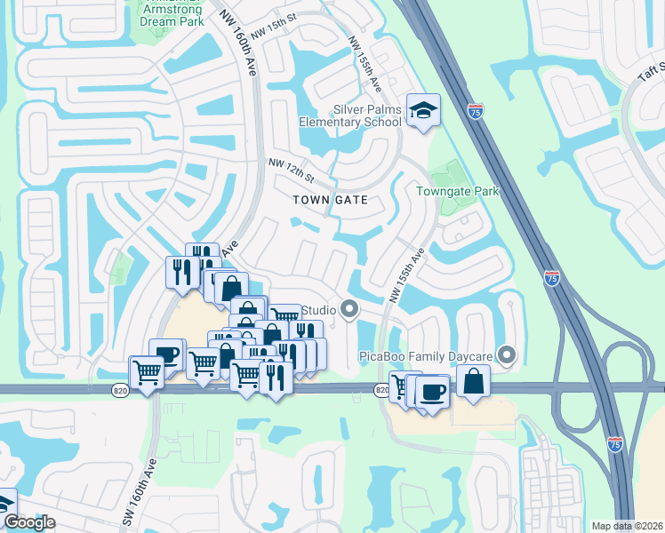 map of restaurants, bars, coffee shops, grocery stores, and more near 601 Northwest 157th Lane in Pembroke Pines