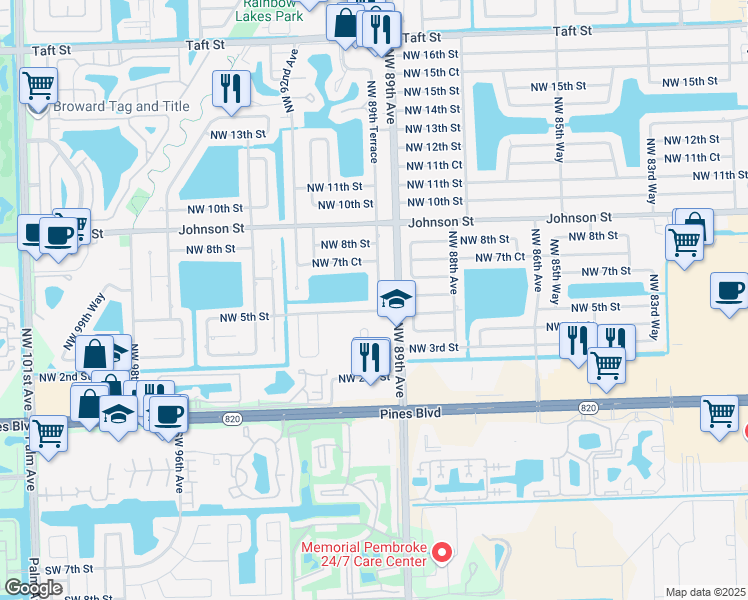 map of restaurants, bars, coffee shops, grocery stores, and more near 510 Northwest 89th Terrace in Pembroke Pines