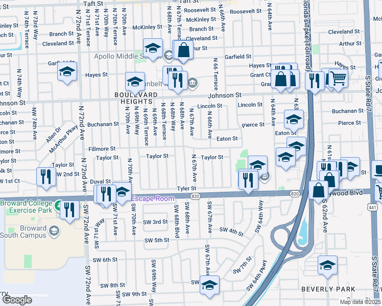 map of restaurants, bars, coffee shops, grocery stores, and more near 410 North 67th Avenue in Hollywood