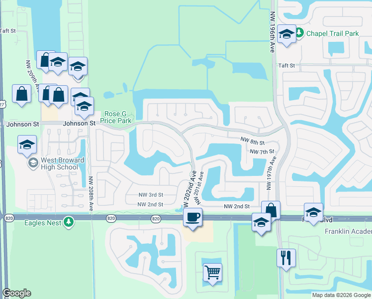 map of restaurants, bars, coffee shops, grocery stores, and more near 20221 Northwest 8th Street in Pembroke Pines