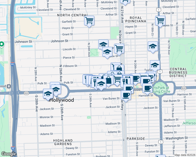 map of restaurants, bars, coffee shops, grocery stores, and more near 2235 Polk Street in Hollywood