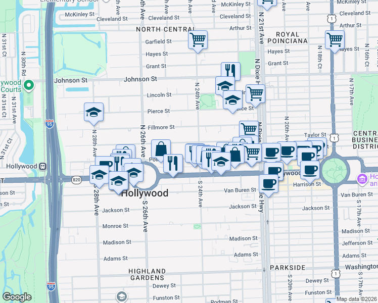 map of restaurants, bars, coffee shops, grocery stores, and more near 2417 Polk Street in Hollywood