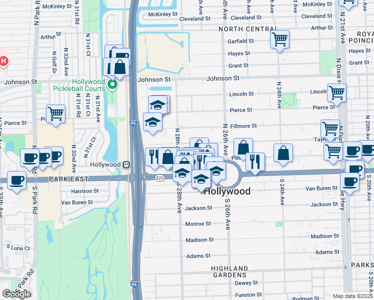 map of restaurants, bars, coffee shops, grocery stores, and more near 319 North 28th Avenue in Hollywood