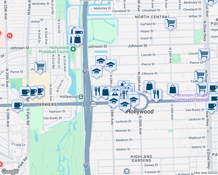 map of restaurants, bars, coffee shops, grocery stores, and more near 319 North 28th Avenue in Hollywood