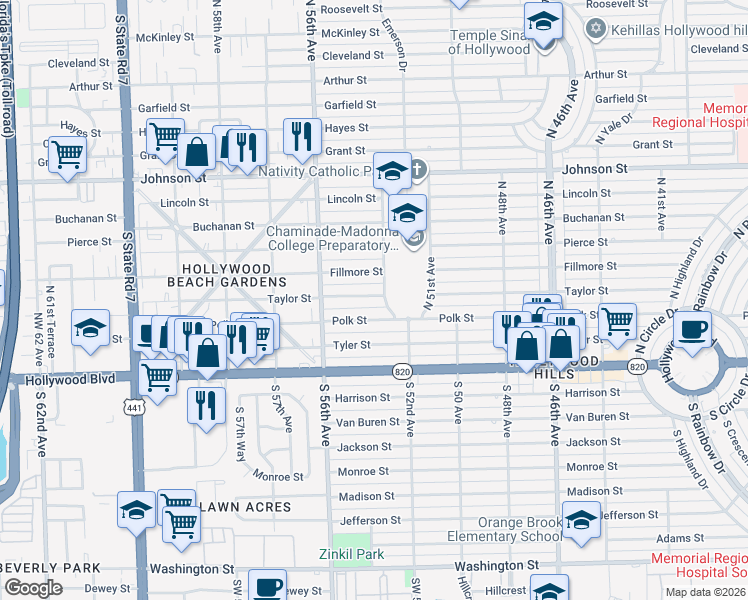 map of restaurants, bars, coffee shops, grocery stores, and more near 5400 Taylor Street in Hollywood