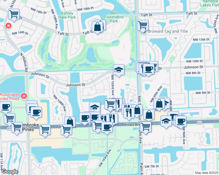map of restaurants, bars, coffee shops, grocery stores, and more near 396 Northwest 103rd Terrace in Pembroke Pines