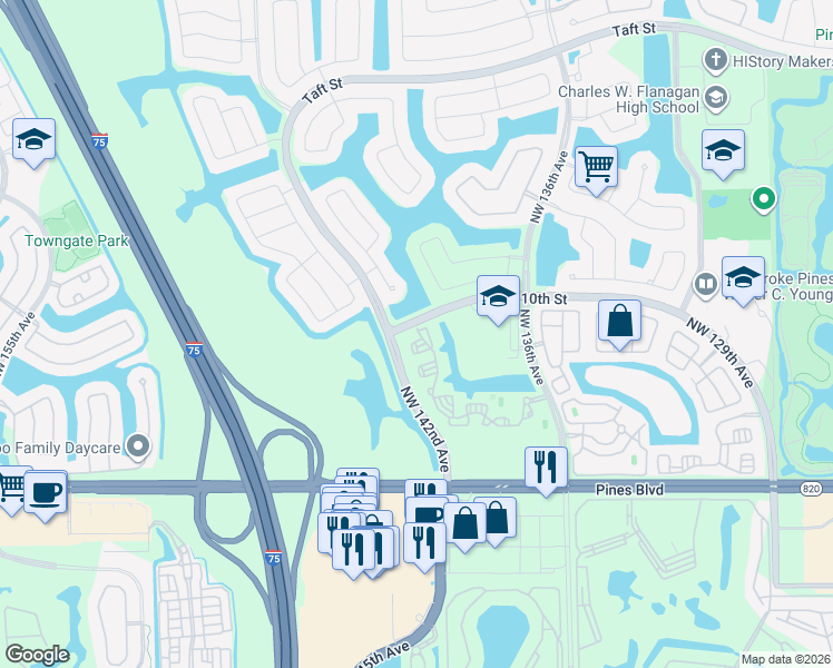 map of restaurants, bars, coffee shops, grocery stores, and more near 921 Northwest 141st Avenue in Pembroke Pines