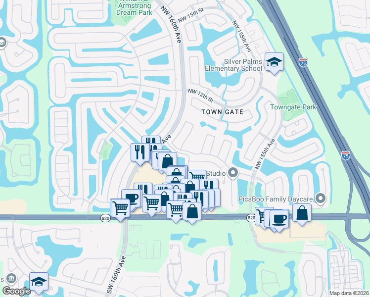 map of restaurants, bars, coffee shops, grocery stores, and more near 15891 Northwest 5th Street in Pembroke Pines
