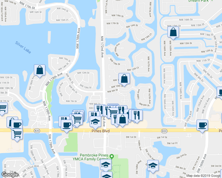 map of restaurants, bars, coffee shops, grocery stores, and more near 17136 Northwest 10th Street in Pembroke Pines