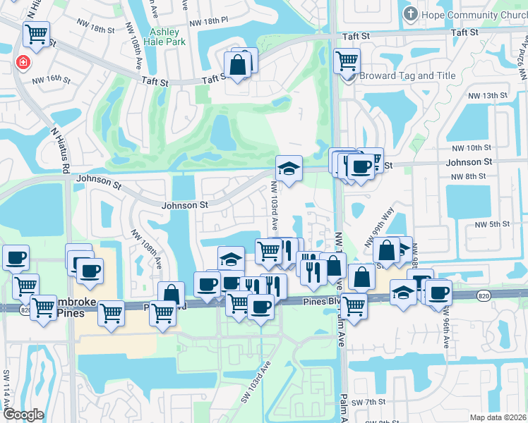 map of restaurants, bars, coffee shops, grocery stores, and more near 396 Northwest 103rd Terrace in Pembroke Pines