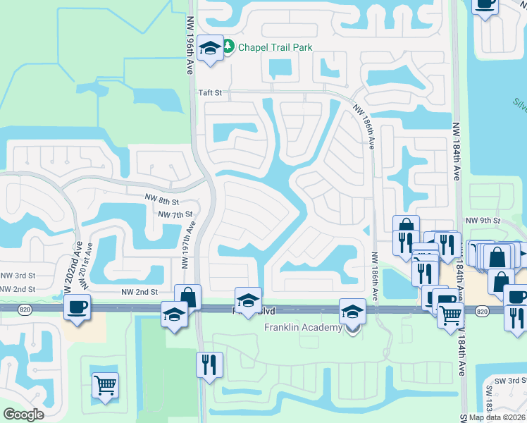 map of restaurants, bars, coffee shops, grocery stores, and more near 19340 Northwest 7th Street in Pembroke Pines