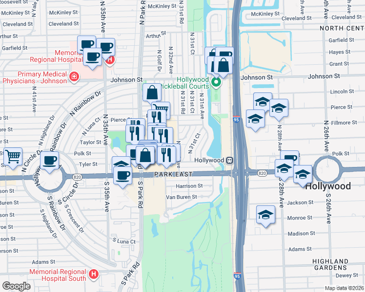map of restaurants, bars, coffee shops, grocery stores, and more near 201 North 32nd Avenue in Hollywood
