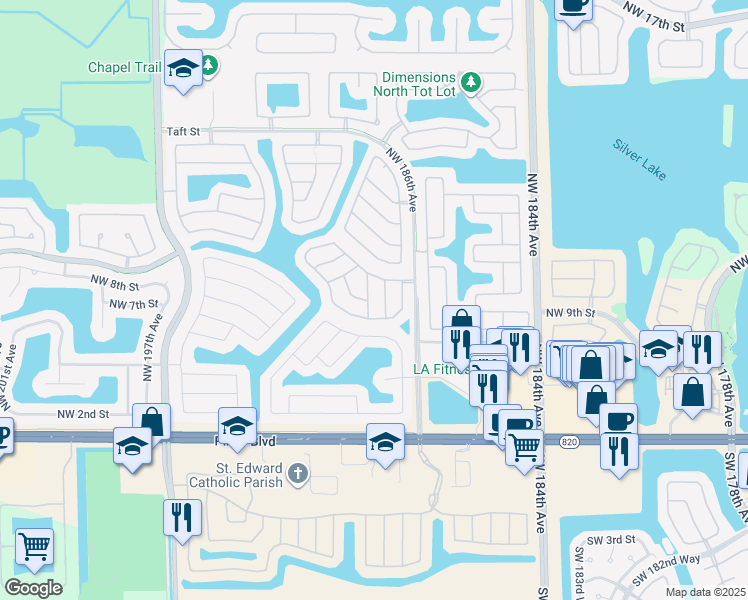 map of restaurants, bars, coffee shops, grocery stores, and more near 1041 Northwest 189th Avenue in Pembroke Pines