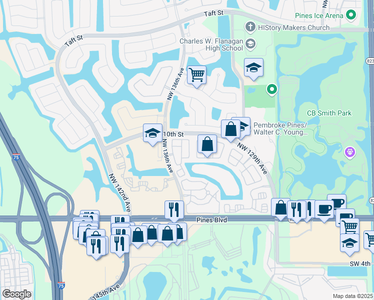map of restaurants, bars, coffee shops, grocery stores, and more near 872 Northwest 134th Avenue in Pembroke Pines