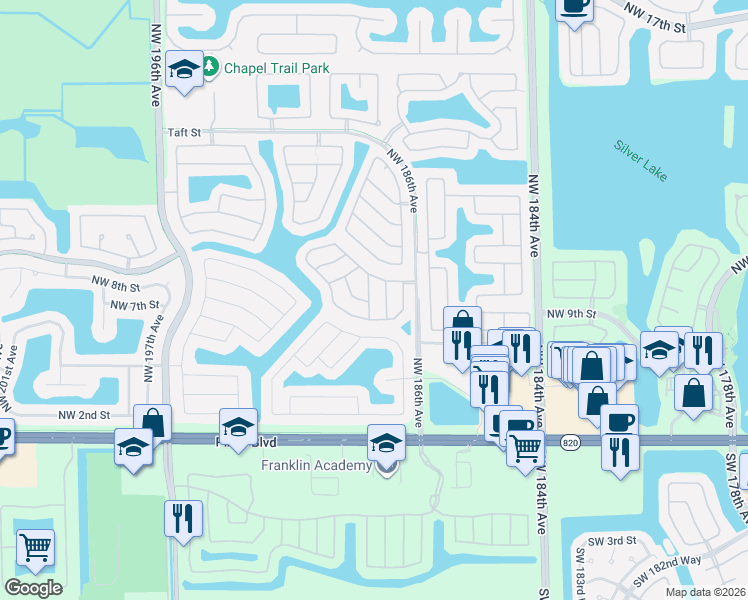 map of restaurants, bars, coffee shops, grocery stores, and more near 1041 Northwest 189th Avenue in Pembroke Pines