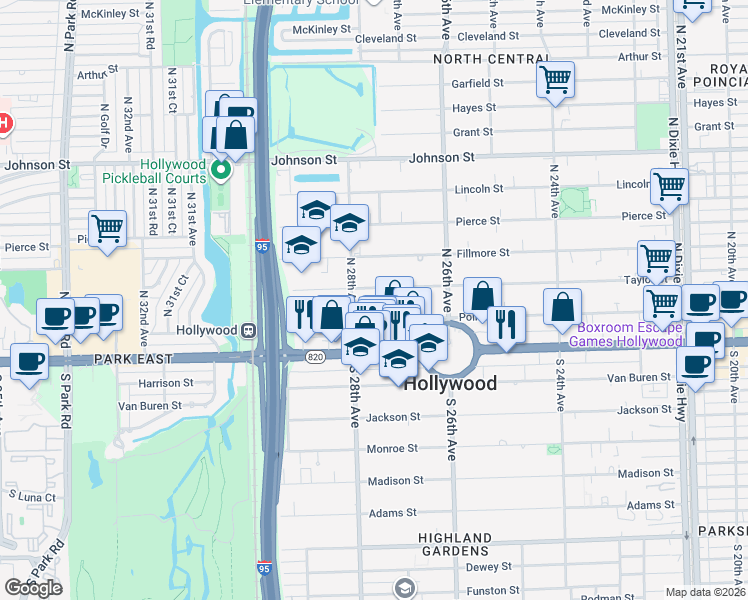 map of restaurants, bars, coffee shops, grocery stores, and more near 319 North 28th Avenue in Hollywood