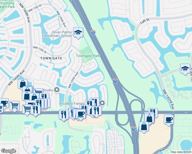 map of restaurants, bars, coffee shops, grocery stores, and more near 15140 Northwest 7th Street in Pembroke Pines